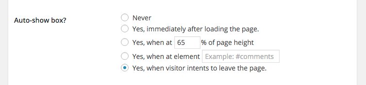 Exit Intent setting in box options.